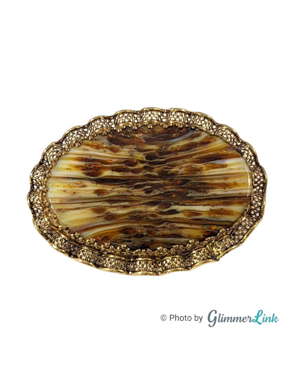 Vintage Western Germany Banded Stone Brooch – Brown & Cream Oval Gold Tone 1960s